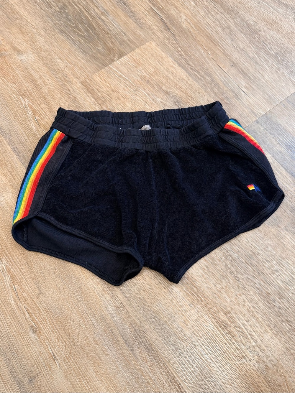 Women’s Aviator Nation Black Terry Cloth Shorts with Rainbow Side Stripes